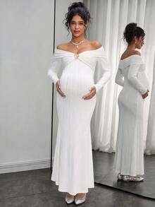 Momance Elegant Textured Solid Color Metal Decor Fitted Off-Shoulder Long Sleeve Mermaid Maternity Dress - White - View 1