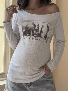Dazy Maternity Pattern Letter Print Loose Long Sleeve Asymmetrical Shoulder Casual Daily Vacation Streetwear Spring Autumn Top Maternity T-Shirt - Grey - View 4