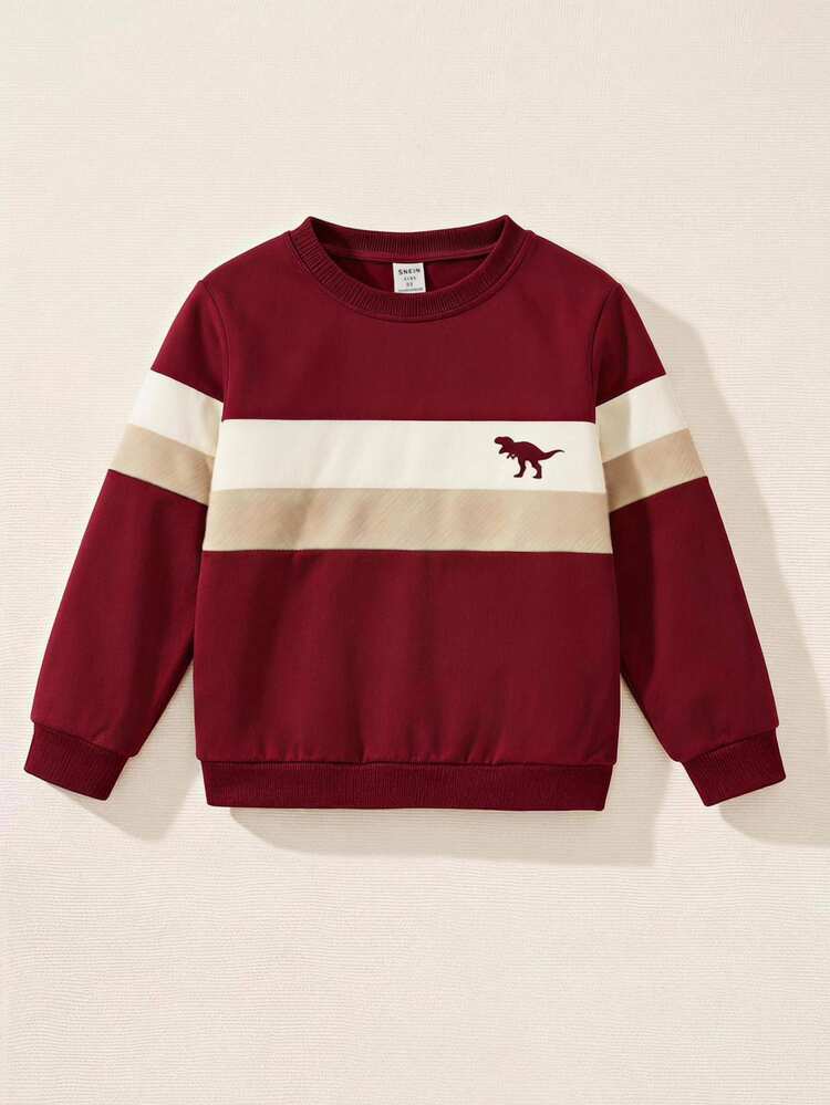 SHEIN 1pc Young Boy Casual Cowboy Sports College Street Style Cute Cool Dinosaur Print Colorblock T-Shirt, Suitable For Daily Wear, School, Travel, Fall - Burgundy - View 1