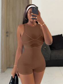 Slaydiva Shades Of Brown Summer Casual Bandage Gym Women Slim Fit Ribbed Knit Crew Neck Sleeveless Mesh Panel Jumpsuit Short Street Style Bodycon Romper - Brown - View 5