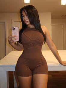 Slaydiva Shades Of Brown Summer Casual Bandage Gym Women Slim Fit Ribbed Knit Crew Neck Sleeveless Mesh Panel Jumpsuit Short Street Style Bodycon Romper - Brown - View 1