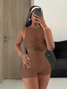 Slaydiva Shades Of Brown Summer Casual Bandage Gym Women Slim Fit Ribbed Knit Crew Neck Sleeveless Mesh Panel Jumpsuit Short Street Style Bodycon Romper - Brown - View 4