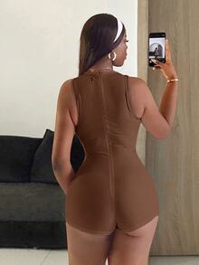Slaydiva Shades Of Brown Summer Casual Bandage Gym Women Slim Fit Ribbed Knit Crew Neck Sleeveless Mesh Panel Jumpsuit Short Street Style Bodycon Romper - Brown - View 2