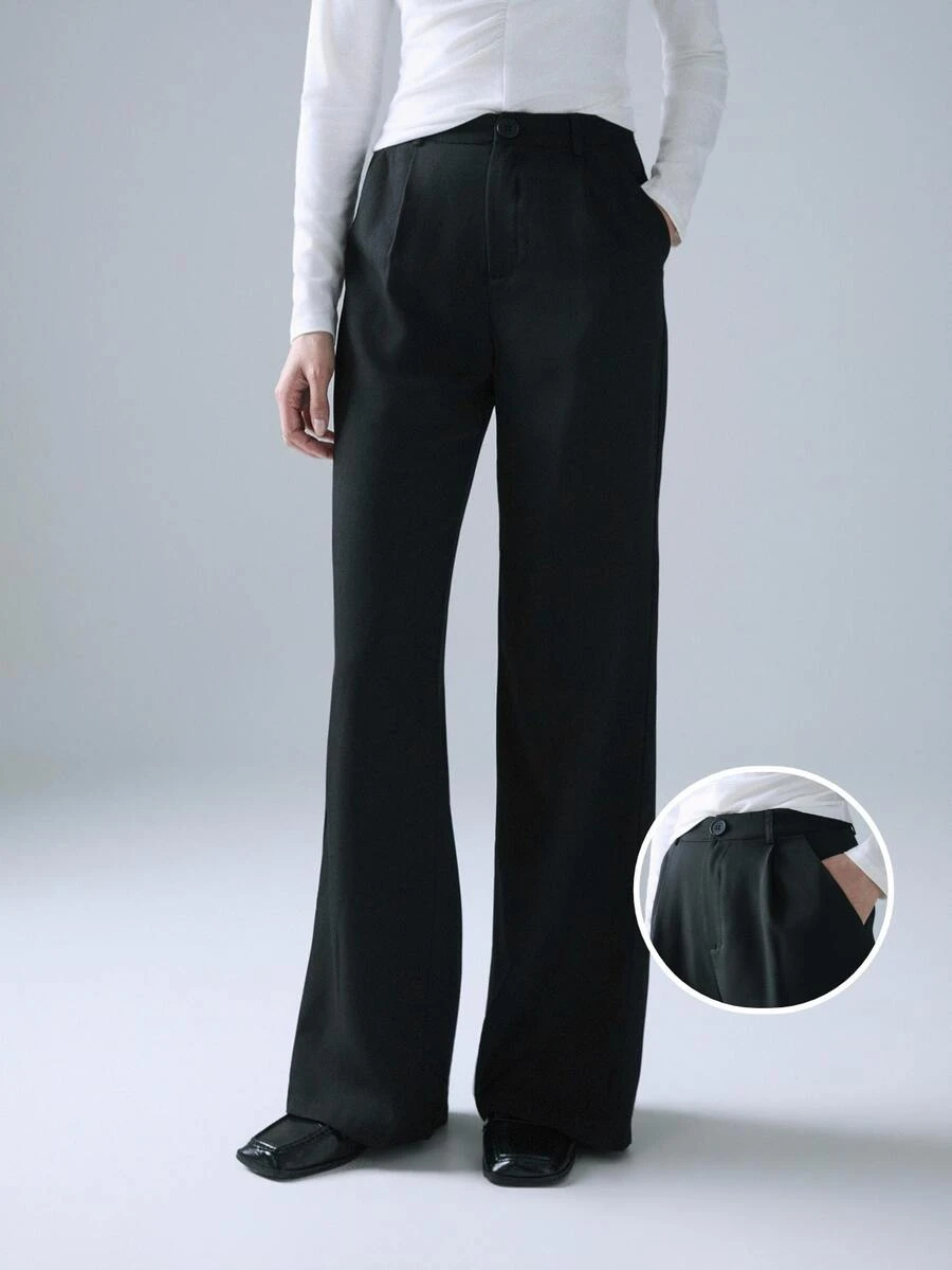 STILLVEA. Solid Slant Pocket Wide Leg Suit Pants,Fall Clothes,Black Pants - Black - View 1