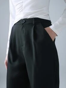 STILLVEA. Solid Slant Pocket Wide Leg Suit Pants,Fall Clothes,Black Pants - Black - View 4