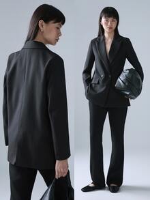 STILLVEA. Women's Business Style Solid Color Double-Breasted Blazer Jacket For Commuting, Autumn,Fall Clothes,Elegant - Black - View 1