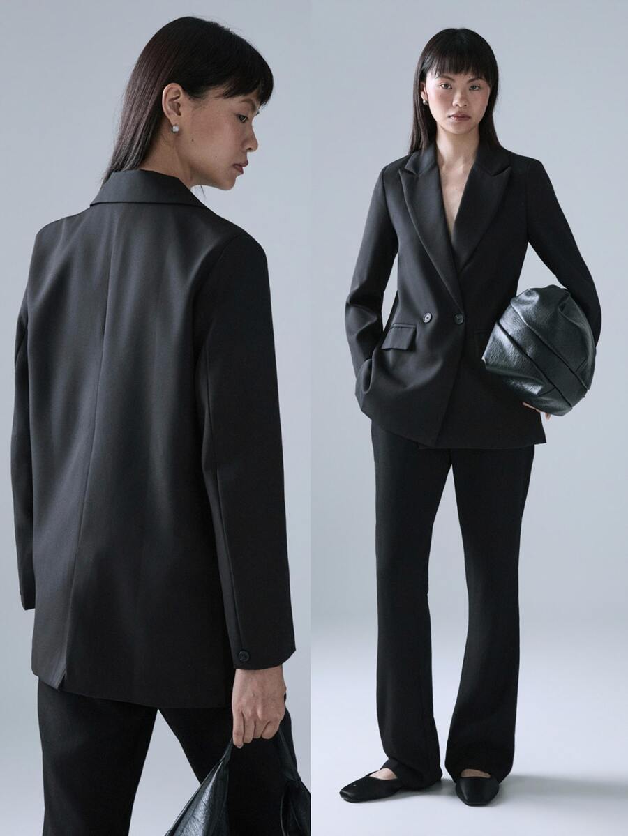 STILLVEA. Women's Business Style Solid Color Double-Breasted Blazer Jacket For Commuting, Autumn,Fall Clothes,Elegant - Black - View 1