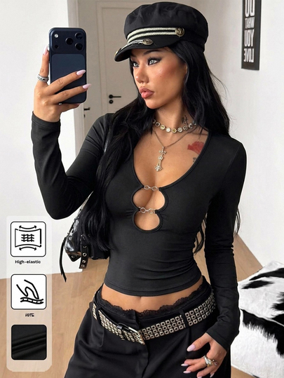 Coolane Women's Fall/Winter All-Season Party Vintage Streetwear Sexy Y2k Chic Minimalist Date Night Stretchy Cut Out V-Neck Fitted Tops Fall Outfits
