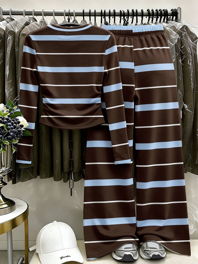 (1 Set) Tween Girls Autumn Casual Fashion Blue & Brown Horizontal Striped Pattern Ruched Waist Long Sleeve T-Shirt & Wide Leg Pants - Multicolor - View 2