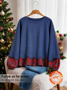 CosyJoli Sweatshirt Kasual Lengan Panjang Leher Bulat Raglan Motif Kotak-kotak Patchwork Ukuran Besar untuk Wanita, Cocok untuk Natal. - Hitam - View 4