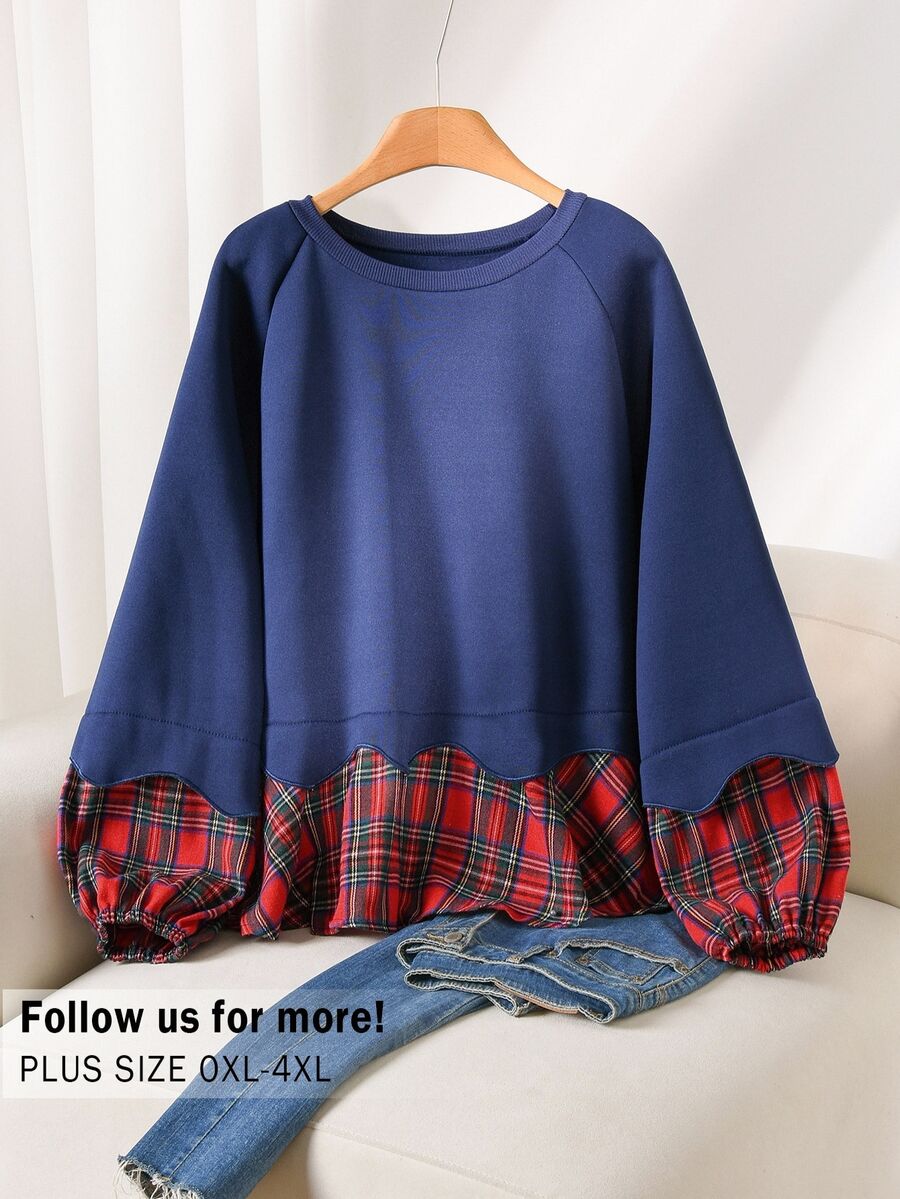 CosyJoli Sweatshirt Kasual Lengan Panjang Leher Bulat Raglan Motif Kotak-kotak Patchwork Ukuran Besar untuk Wanita, Cocok untuk Natal.