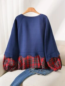 CosyJoli Sweatshirt Kasual Lengan Panjang Leher Bulat Raglan Motif Kotak-kotak Patchwork Ukuran Besar untuk Wanita, Cocok untuk Natal. - Hitam - View 3