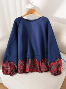 CosyJoli Sweatshirt Kasual Lengan Panjang Leher Bulat Raglan Motif Kotak-kotak Patchwork Ukuran Besar untuk Wanita, Cocok untuk Natal. - Hitam - View 5