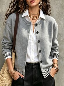 RiviMae Women's Autumn/Winter Elegant Round Neck Short Solid Color & Plaid Patchwork Open Jacket Coat, Suitable For Daily Wear And Commuting, Minimalist - Grey - View 3