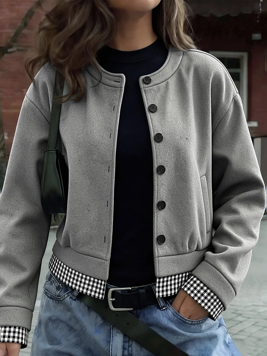 RiviMae Women's Autumn/Winter Elegant Round Neck Short Solid Color & Plaid Patchwork Open Jacket Coat, Suitable For Daily Wear And Commuting, Minimalist - Grey - View 1