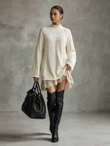 Elenzga Women's Soft Style Cable Knit Turtleneck Long Sleeve Sweater - White - View 4