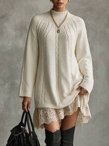 Elenzga Women's Soft Style Cable Knit Turtleneck Long Sleeve Sweater - White - View 1