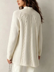 Elenzga Women's Soft Style Cable Knit Turtleneck Long Sleeve Sweater - White - View 2