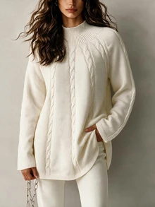 Elenzga Women's Soft Style Cable Knit Turtleneck Long Sleeve Sweater - White - View 3