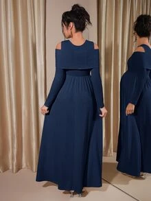 Momance Maternity Raglan Sleeve Button Front Rib-Knit A-Line Midi Dress, Spring/Autumn - Royal Blue - View 3