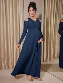 Momance Maternity Raglan Sleeve Button Front Rib-Knit A-Line Midi Dress, Spring/Autumn - Royal Blue - View 7
