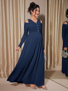 Momance Maternity Raglan Sleeve Button Front Rib-Knit A-Line Midi Dress, Spring/Autumn - Royal Blue - View 5