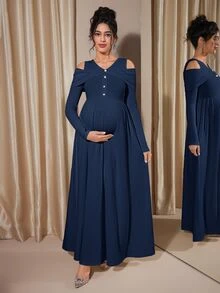 Momance Maternity Raglan Sleeve Button Front Rib-Knit A-Line Midi Dress, Spring/Autumn - Royal Blue - View 2