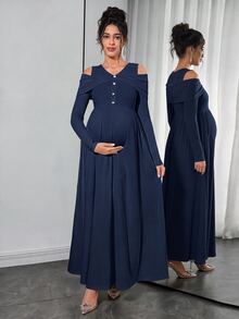 Momance Maternity Raglan Sleeve Button Front Rib-Knit A-Line Midi Dress, Spring/Autumn - Royal Blue - View 1