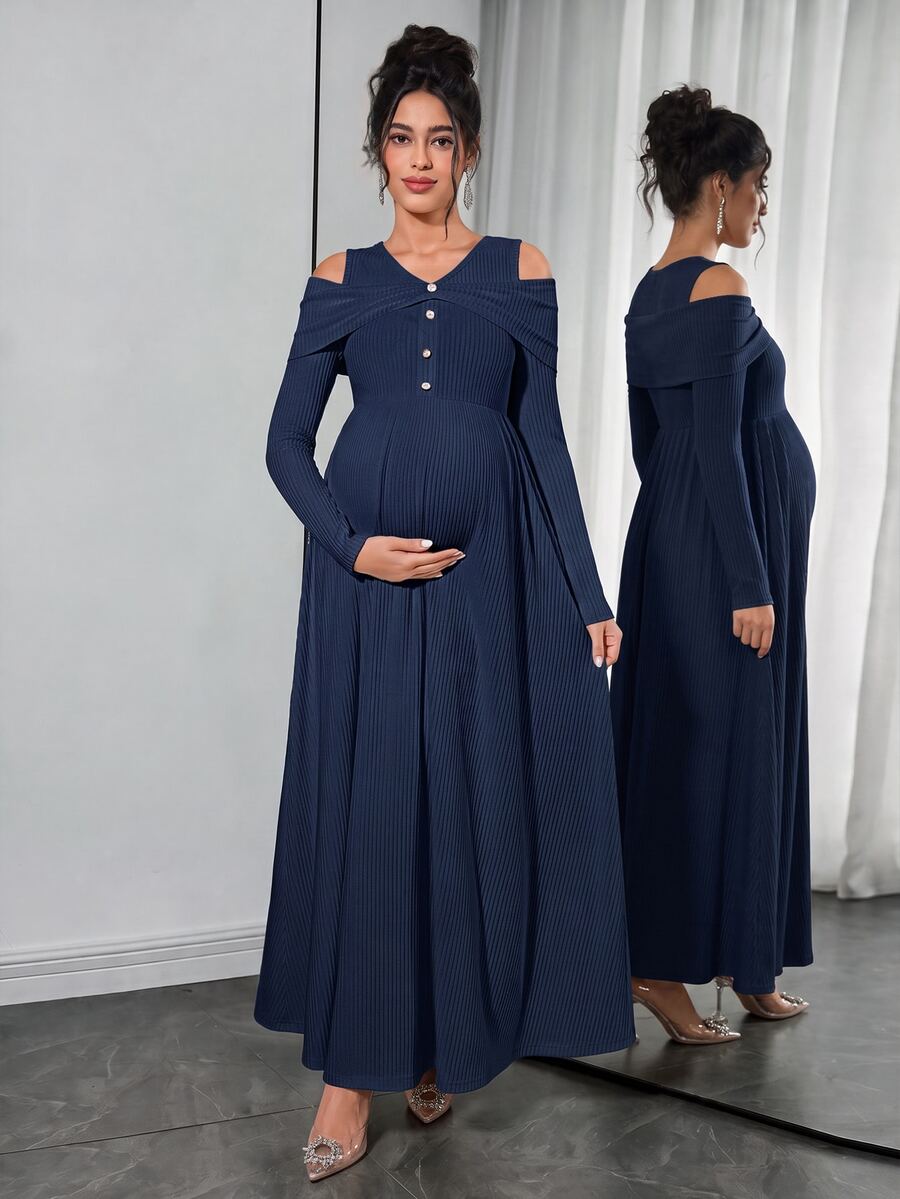 Momance Maternity Raglan Sleeve Button Front Rib-Knit A-Line Midi Dress, Spring/Autumn - Royal Blue - View 1