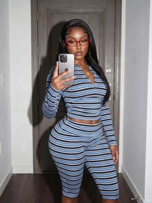 Slaydiva Women's Brown Off Shoulder Ruched Long Sleeve Crop Top & High Waist Capri Leggings 2 Pieces Set - Brown - View 6