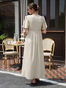 Momance 印花棕色波點開衩洋裝，荷葉袖，休閒孕婦優雅夏季女款長洋裝，保守野餐復古 Bubu 洋裝 - 彩色 - 查看 4