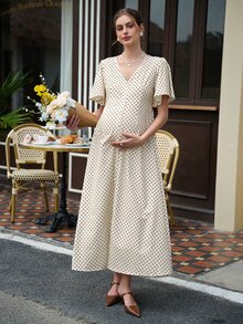 Momance 印花棕色波點開衩洋裝，荷葉袖，休閒孕婦優雅夏季女款長洋裝，保守野餐復古 Bubu 洋裝 - 彩色 - 查看 8