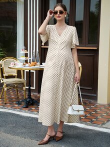 Momance 印花棕色波點開衩洋裝，荷葉袖，休閒孕婦優雅夏季女款長洋裝，保守野餐復古 Bubu 洋裝 - 彩色 - 查看 6