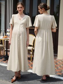 Momance 印花棕色波點開衩洋裝，荷葉袖，休閒孕婦優雅夏季女款長洋裝，保守野餐復古 Bubu 洋裝 - 彩色 - 查看 2