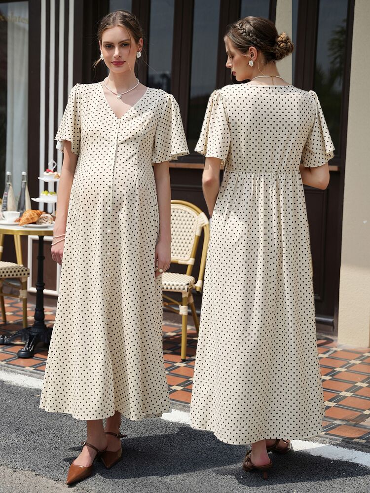 Momance Printed Brown Polka Dot Slit Dress With Ruffle Sleeves, Casual Maternity Elegant Summer Women's Maxi Modest Picnic Vintage Bubu Dress - Multicolor - View 2