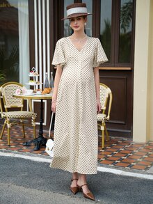 Momance 印花棕色波點開衩洋裝，荷葉袖，休閒孕婦優雅夏季女款長洋裝，保守野餐復古 Bubu 洋裝 - 彩色 - 查看 5