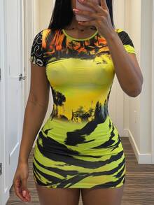Slaydiva Women's Lime Green Summer Holiday Club Night Going Out Night Out Dress,Round-Neck Short-Sleeved Net Fabric Mini Dress,Stained Baroque Digital Logo - Multicolor - View 8