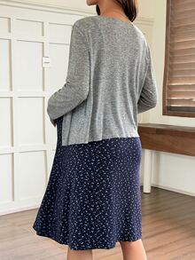 Dazy Maternity Ditsy Floral Camisole Dress & Fitted Cardigan Set, Casual Vacation Korean Style Spring/Autumn Maternity 2 Pieces Outfit - Blue - View 2