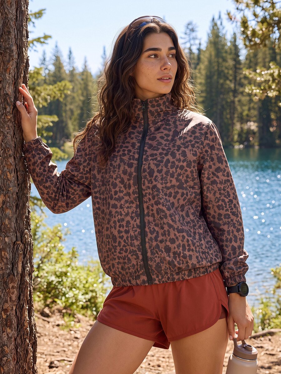 Exploreva Exploreva Women's All-Over Print Zip-Up Casual Versatile Daily Outdoor Jacket - Brown - View 1
