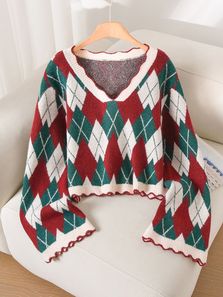 CosyJoli Plus Size Women's Diamond Pattern V-Neck Long Sleeve Casual Pullover Sweater - Multicolor - View 3