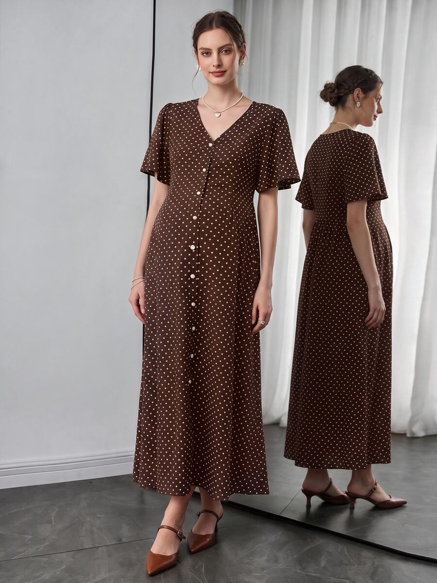 Momance Printed Polka Dot Split Long Ruffle Sleeve Casual Split Maternity Dress - Brown - View 1