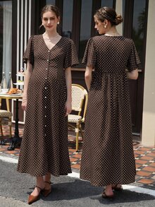 Momance Printed Polka Dot Split Long Ruffle Sleeve Casual Split Maternity Dress - Brown - View 2