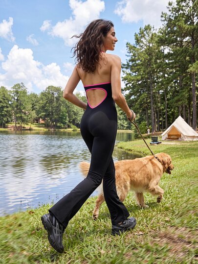 Exploreva Women's Colorblock Halter Neck Sleeveless Fitted Long Pants Jumpsuit
