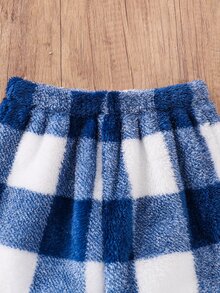 SHEIN 2件組兒童大童男孩休閒日常百搭舒適刺繡圓領長袖上衣＋寬鬆格紋保暖內裡睡褲長褲居家服套裝 - 藍色 - 查看 4
