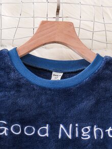 SHEIN 2件組兒童大童男孩休閒日常百搭舒適刺繡圓領長袖上衣＋寬鬆格紋保暖內裡睡褲長褲居家服套裝 - 藍色 - 查看 7