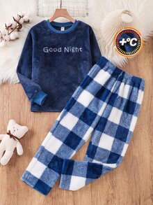 SHEIN 2件組兒童大童男孩休閒日常百搭舒適刺繡圓領長袖上衣＋寬鬆格紋保暖內裡睡褲長褲居家服套裝 - 藍色 - 查看 1