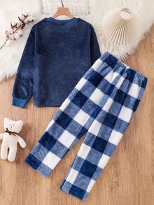 SHEIN 2件組兒童大童男孩休閒日常百搭舒適刺繡圓領長袖上衣＋寬鬆格紋保暖內裡睡褲長褲居家服套裝 - 藍色 - 查看 2