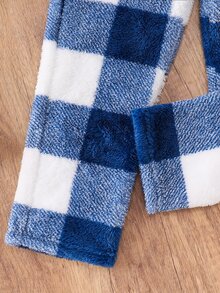 SHEIN 2件組兒童大童男孩休閒日常百搭舒適刺繡圓領長袖上衣＋寬鬆格紋保暖內裡睡褲長褲居家服套裝 - 藍色 - 查看 6