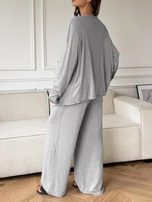 Dazy Maternity Maternity Colorblock Lace Camisole And Adjustable Waist Long Pants With Long Sleeve Cardigan Set - Grey - View 2
