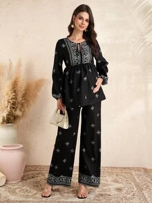 Momance Printed V-Neck Tie Top And Straight Leg Pants Elegant Maternity 2 Pieces Set - Black - View 9